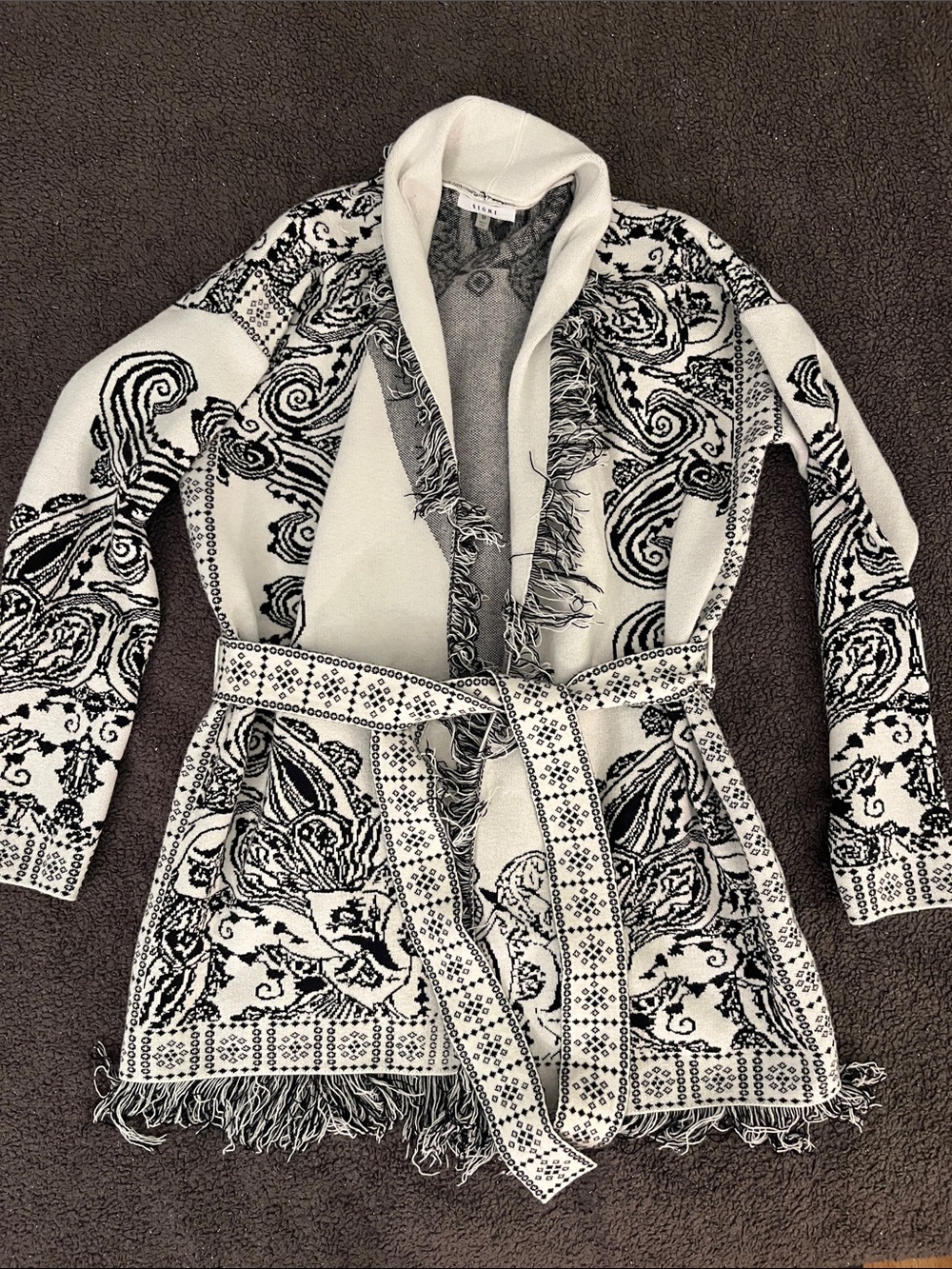 Fringed Floral Knit Belted Cardigan Robe Sweater Wrap - White/Black